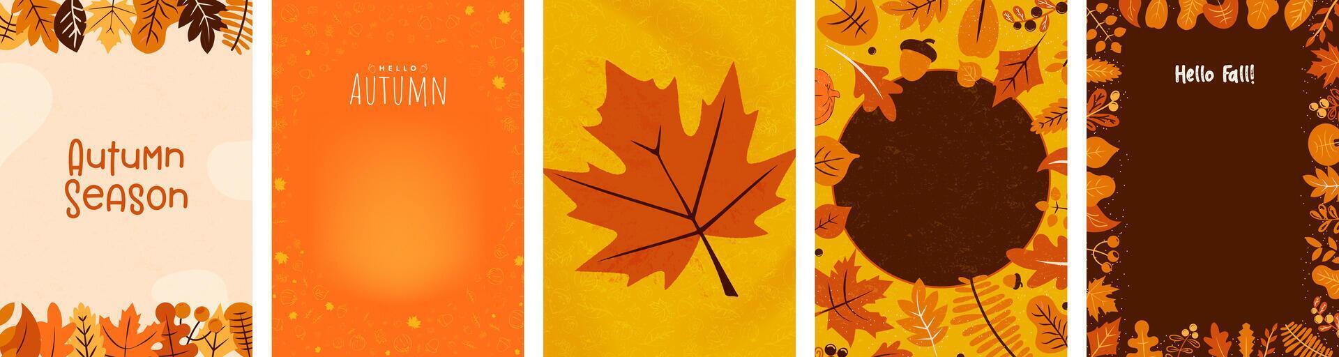 Set of Autumn Season Poster Cards with orange and red frames of illustrated leaves, and fall element decoration backgrounds. Autumnal design templates with copy space. Fall Advertising layout. vector