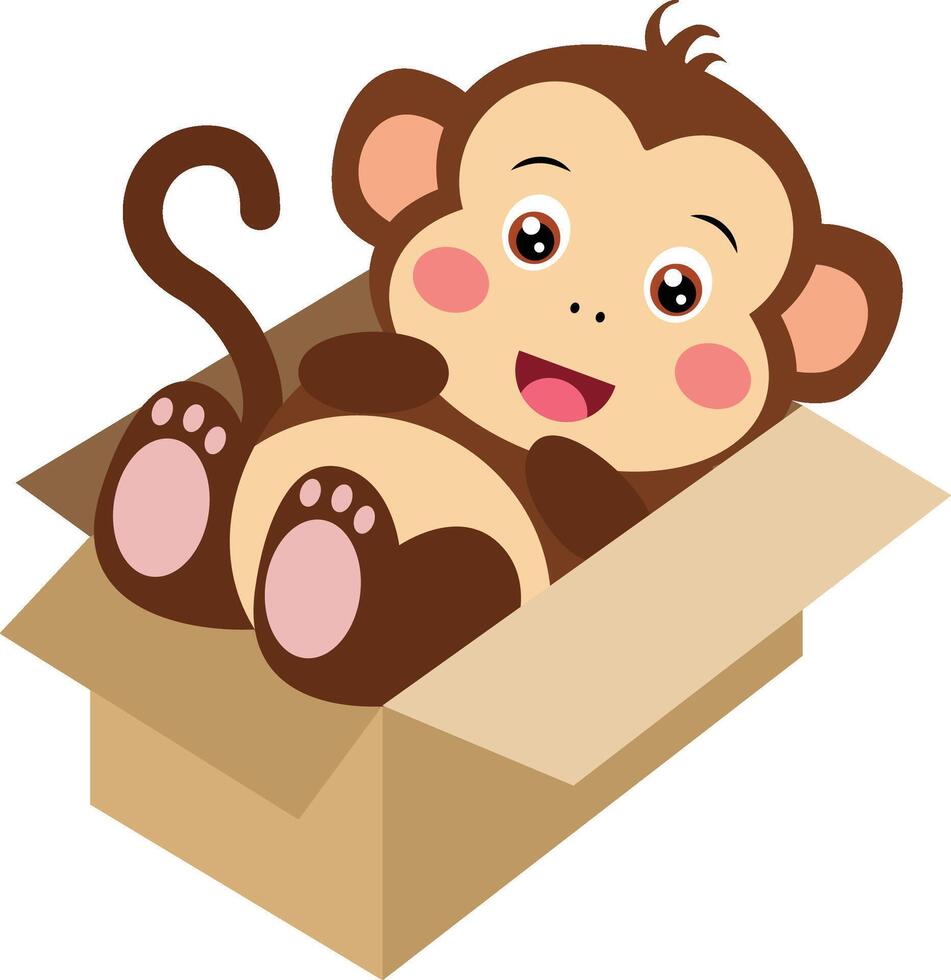 Cute monkey lying in cardboard box vector