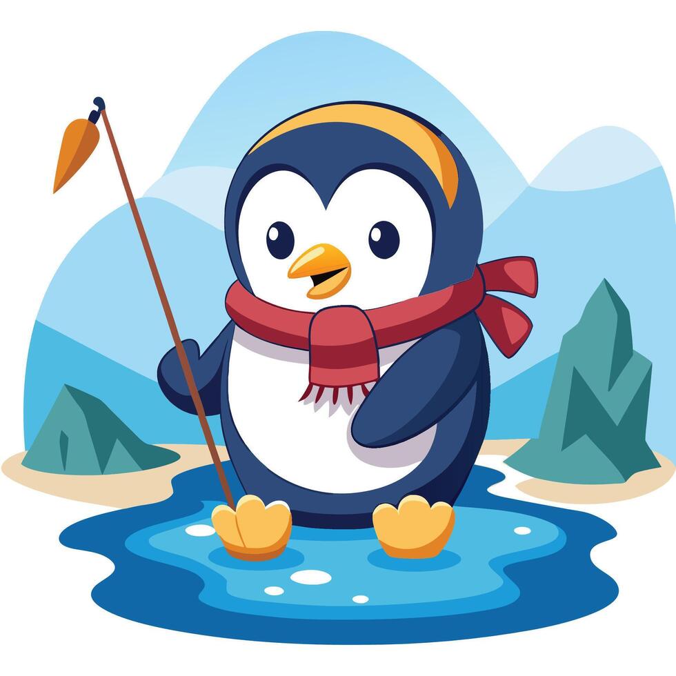 Adorable Cartoon Sticker of a Festive Penguin Adorned with a Cozy Scarf vector