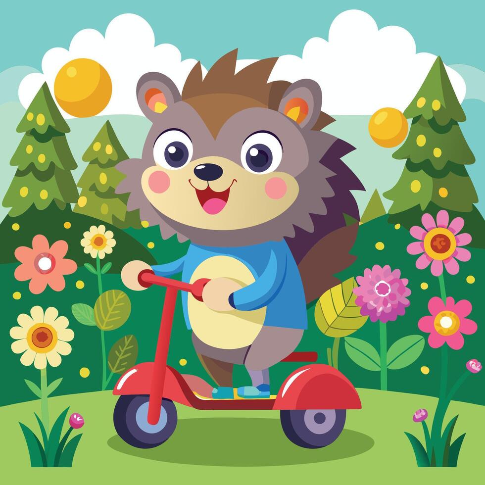 Cheerful Hedgehog Embracing Adventure on Scooter vector