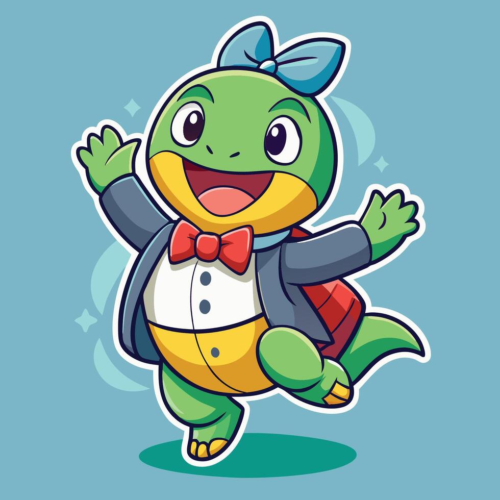 Cheerful Turtle with a Bow A Cartoon Sticker Delight vector