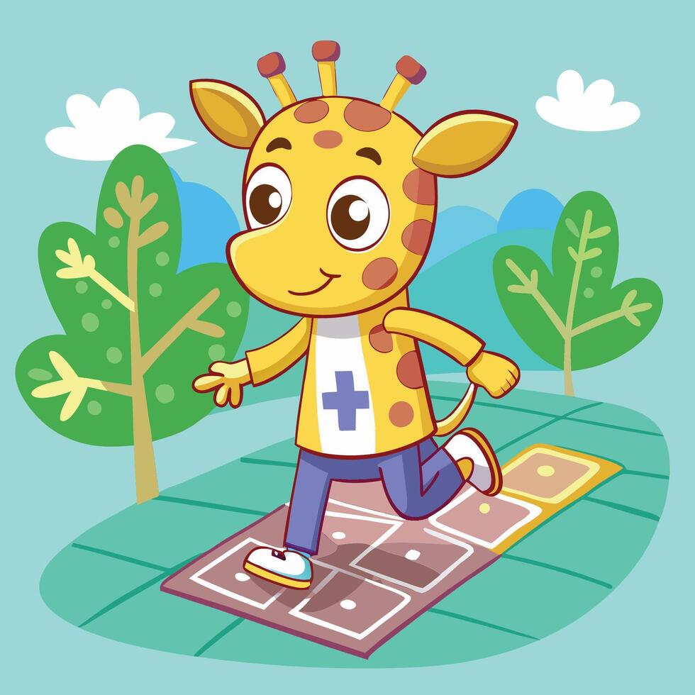 Animated Giraffe Frolicking on a Playful Hopscotch Canvas vector