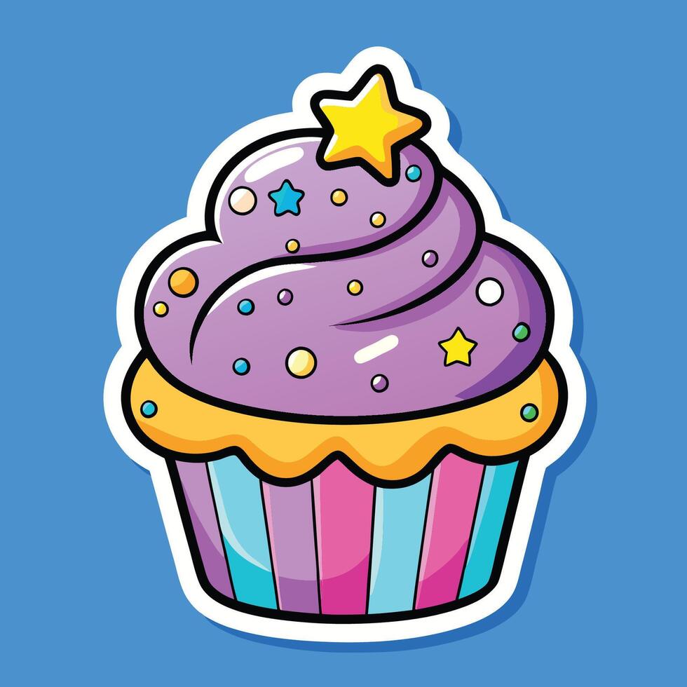 Cartoon Sticker of a Cupcake with Rainbow Frosting and Sprinkles vector