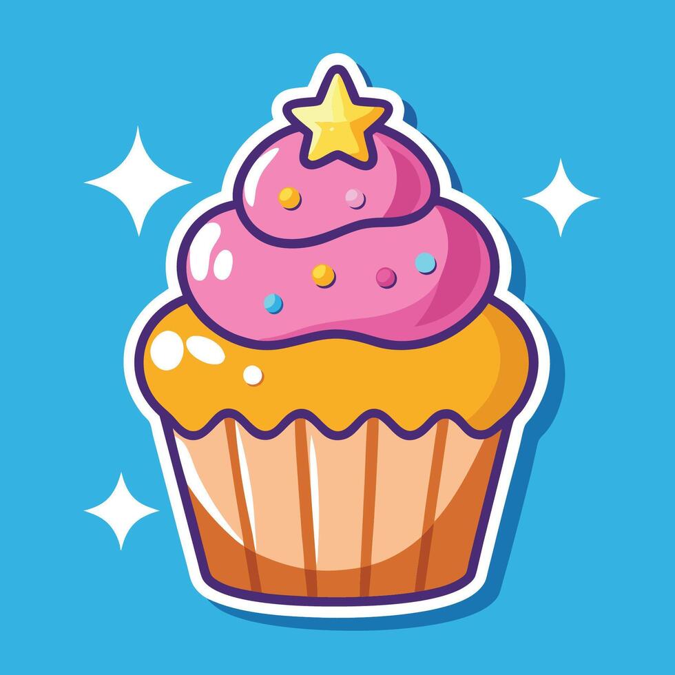 Glittering Frost Cupcake Cartoon Sticker with Sprinkles vector