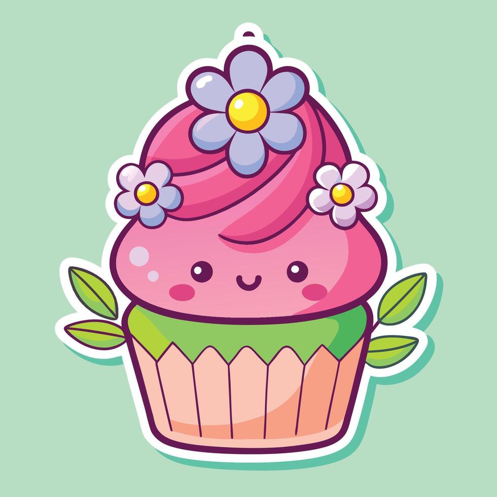 Whimsical Cartoon Sticker of a Cupcake Adorned with Delicate Edible Flowers vector
