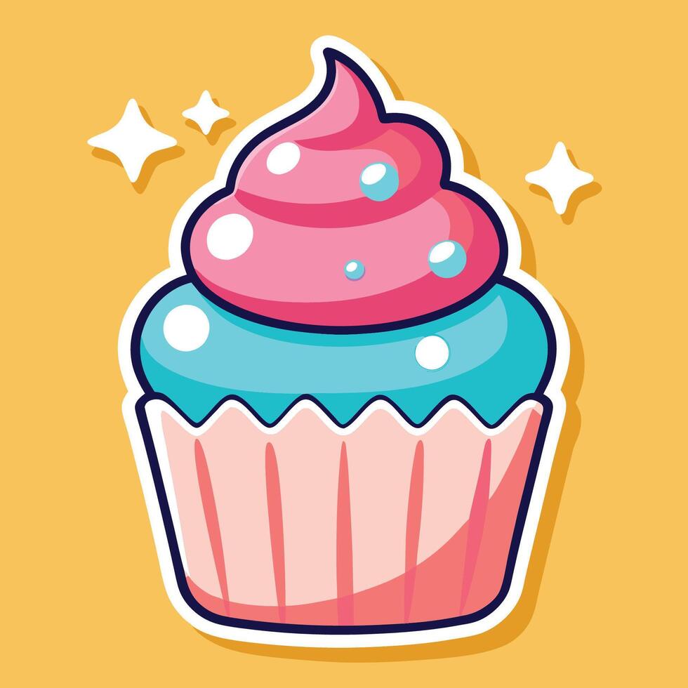 Shimmering Cupcake Cartoon Sticker with Holographic Frosting vector