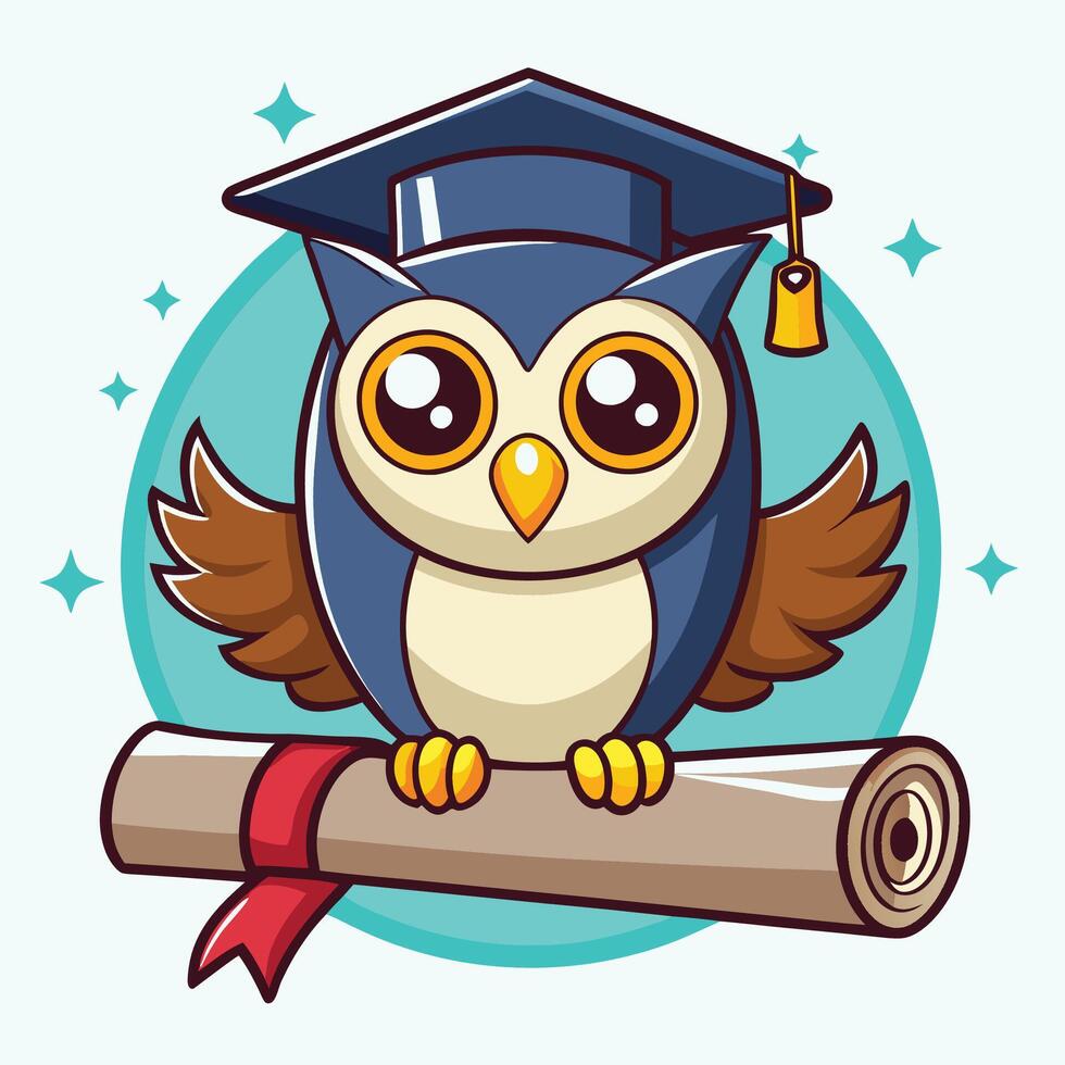 Jubilant Graduating Owl Adorned in a Cartoonish Graduation Cap and Gown vector