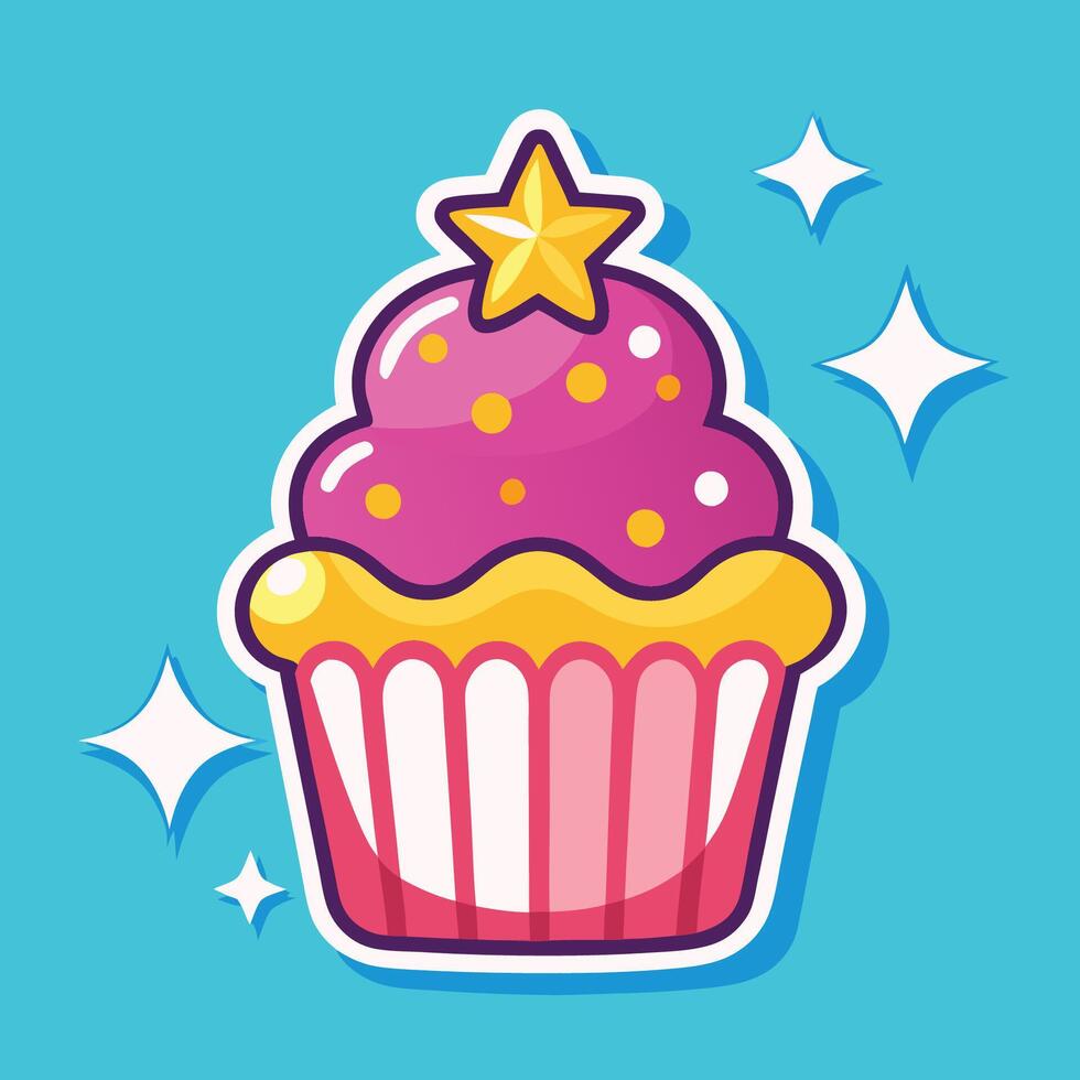 Shimmering Cupcake Sticker with Celestial Starry Accents vector