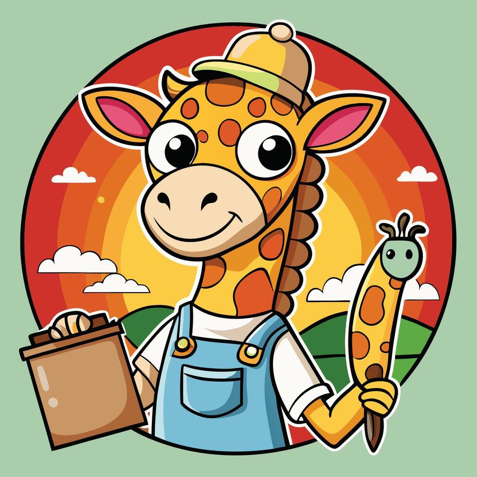 Cartoon Sticker of a Curious Giraffe with a Bright Yellow Hat and Adorable Features vector