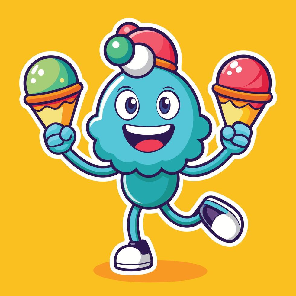 Cartoon Sticker of a Joyful Ice Cream Cone Juggling Multiple Balls vector