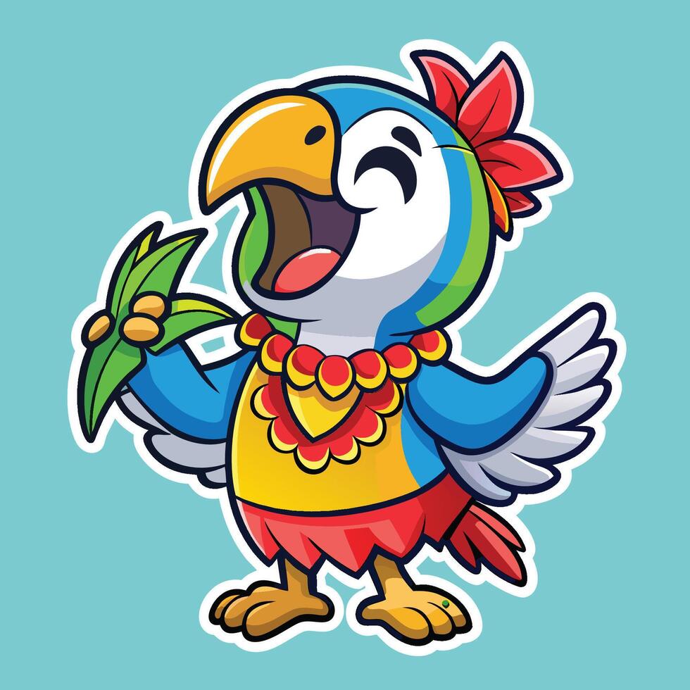 Animated Cartoon Sticker of a Cheerful Parrot Adorned with a Vibrant Hawaiian Lei vector