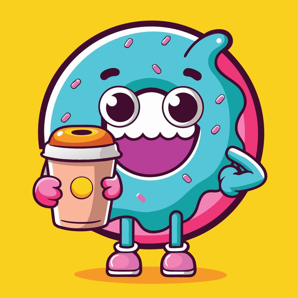 Animated Donut Indulging in Coffee Break with a Perky Smile vector