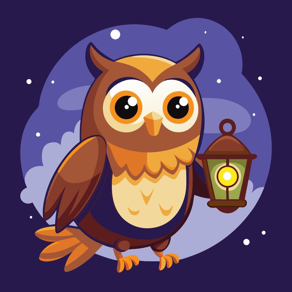 Curious Owl Sticker with Illuminated Lantern in the Night vector