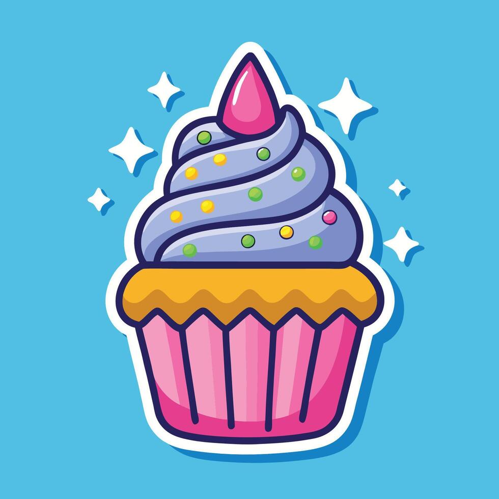Adorable Cartoon Sticker of a Cupcake with Glittering Pink Frosting vector