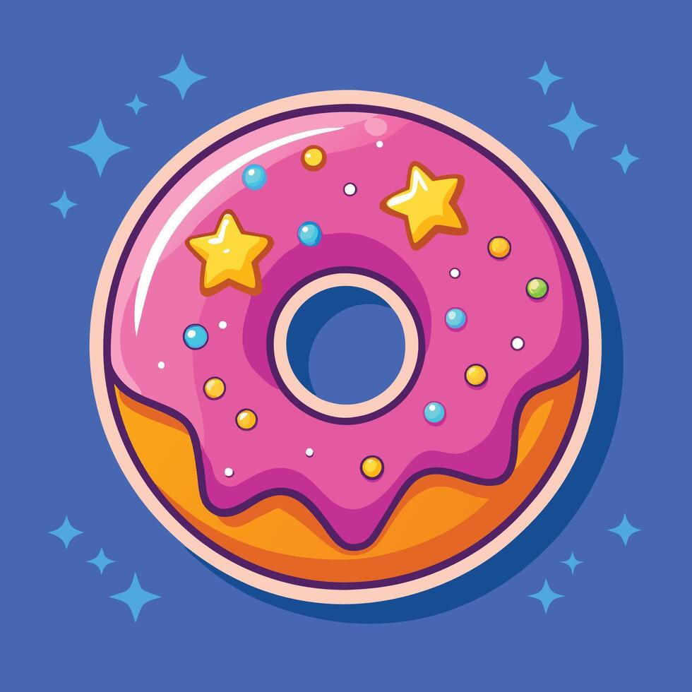 Sparkly Donut Sticker with Enchanting Stars and Whimsical Sprinkles vector