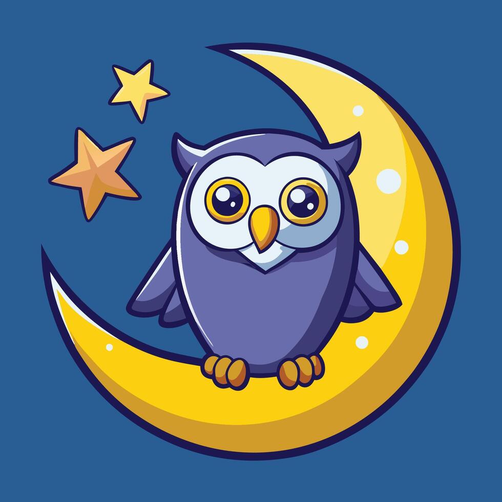 Cheerful Cartoon Owl Perched on a Crescent Moon with Starry Background vector