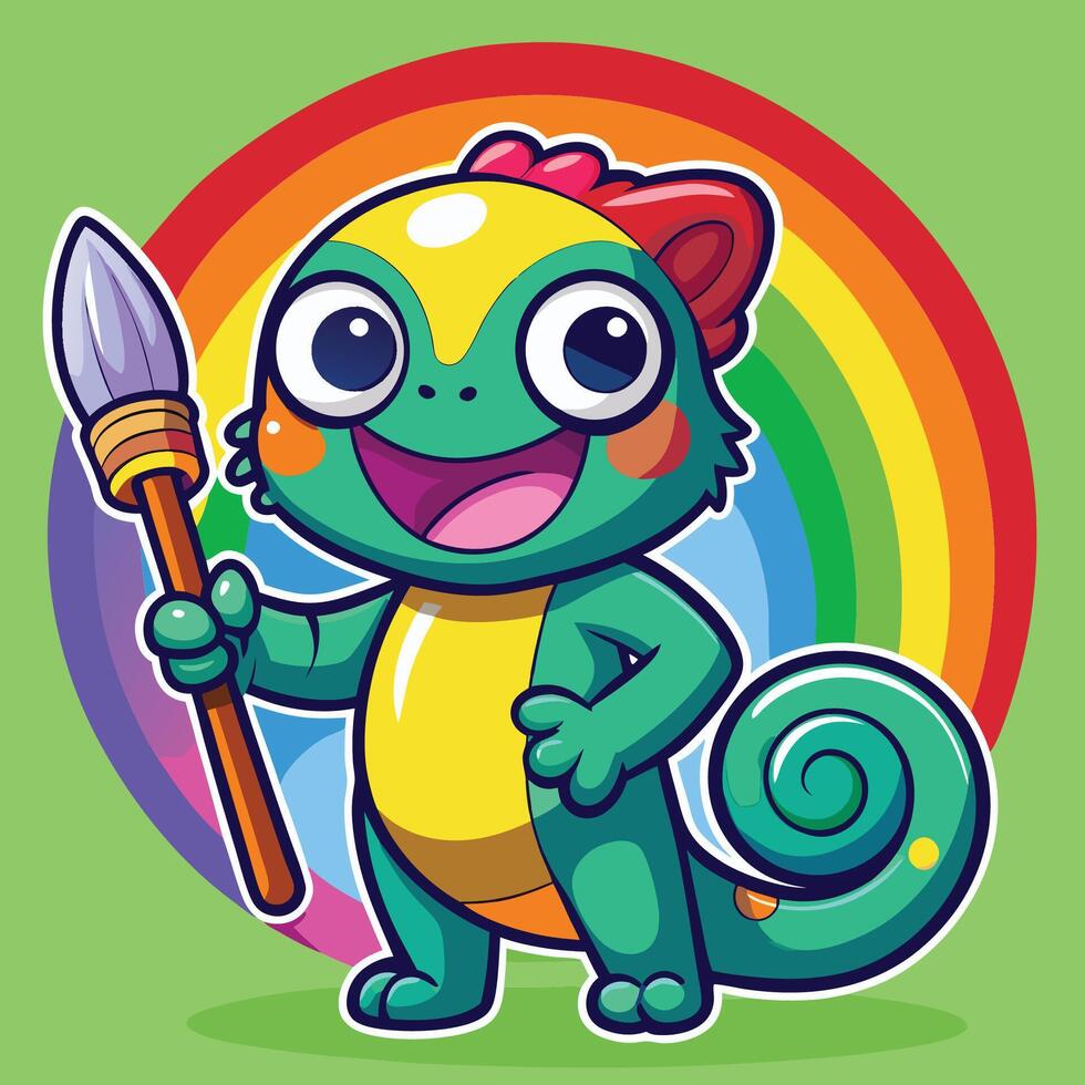 Friendly Green Chameleon Cartoon Sticker with Iridescent Scales vector
