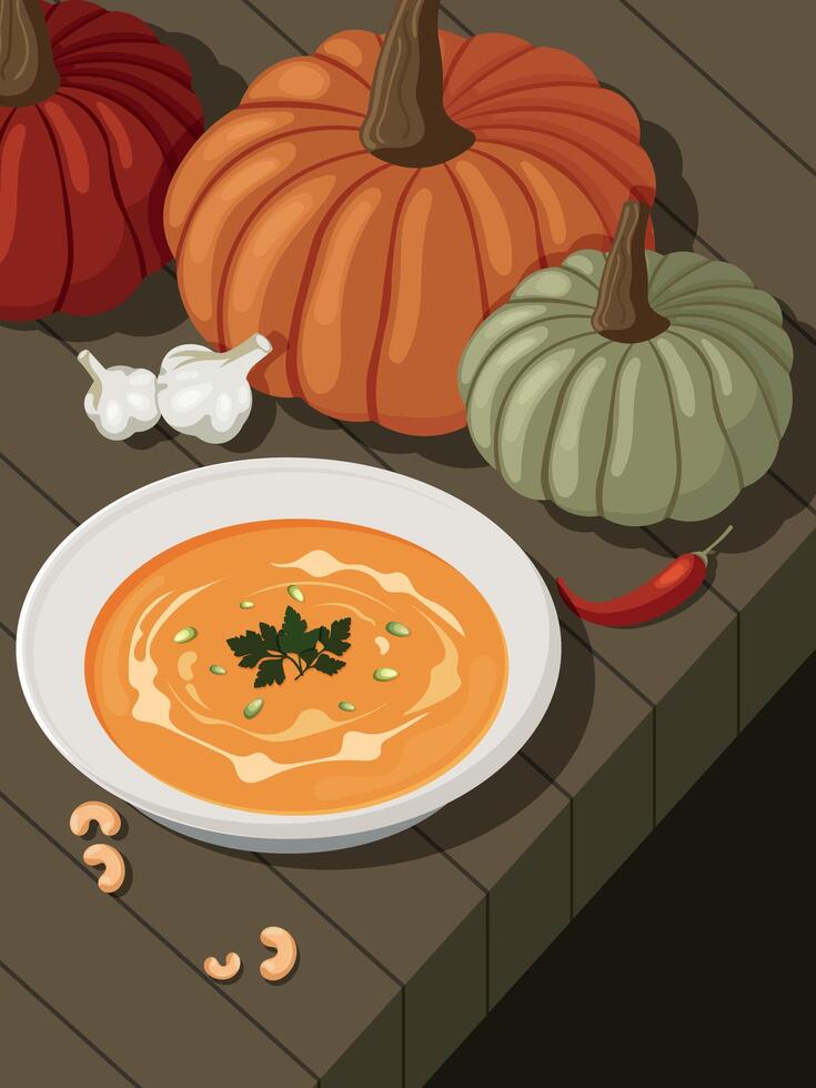 a table with a plate of pumpkin soup illustration, autumn cozy design, pumkin, nut, pepper, garlic, soup, cute wallpaper vector