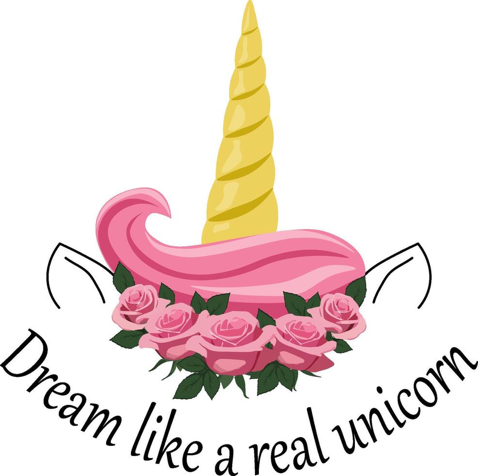 Unicorn in a flower crown. Horn, mane, ears. Invitation, postcard, clip art.dream like a real unicorn vector