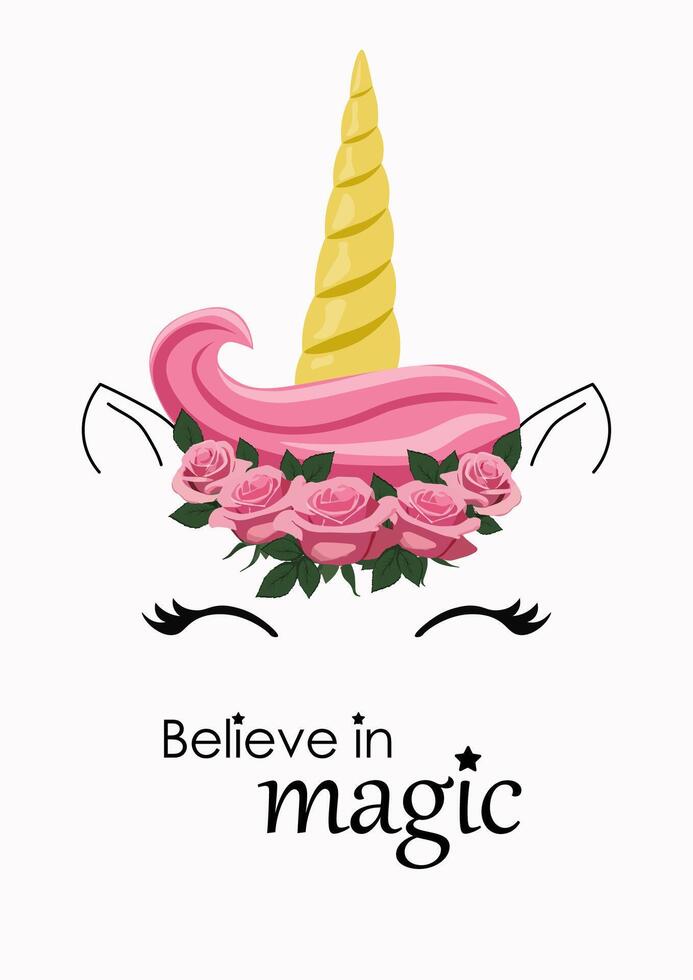 Unicorn in a flower crown. Horn, eyelashes, mane, ears. Invitation, postcard, clip art. Believe in magic vector