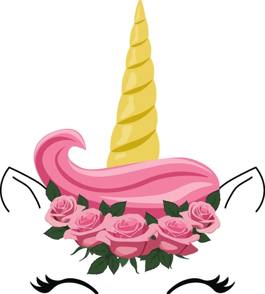 Unicorn in a flower crown. Horn, eyelashes, mane, ears. Invitation, postcard, clip art.dream like a real unicorn vector