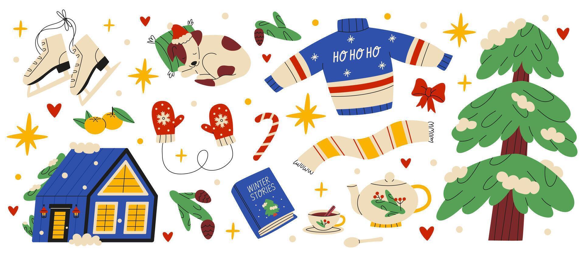 Collection of Christmas and New Year items. Cozy winter objects set. Flat illustration isolated on white background. vector