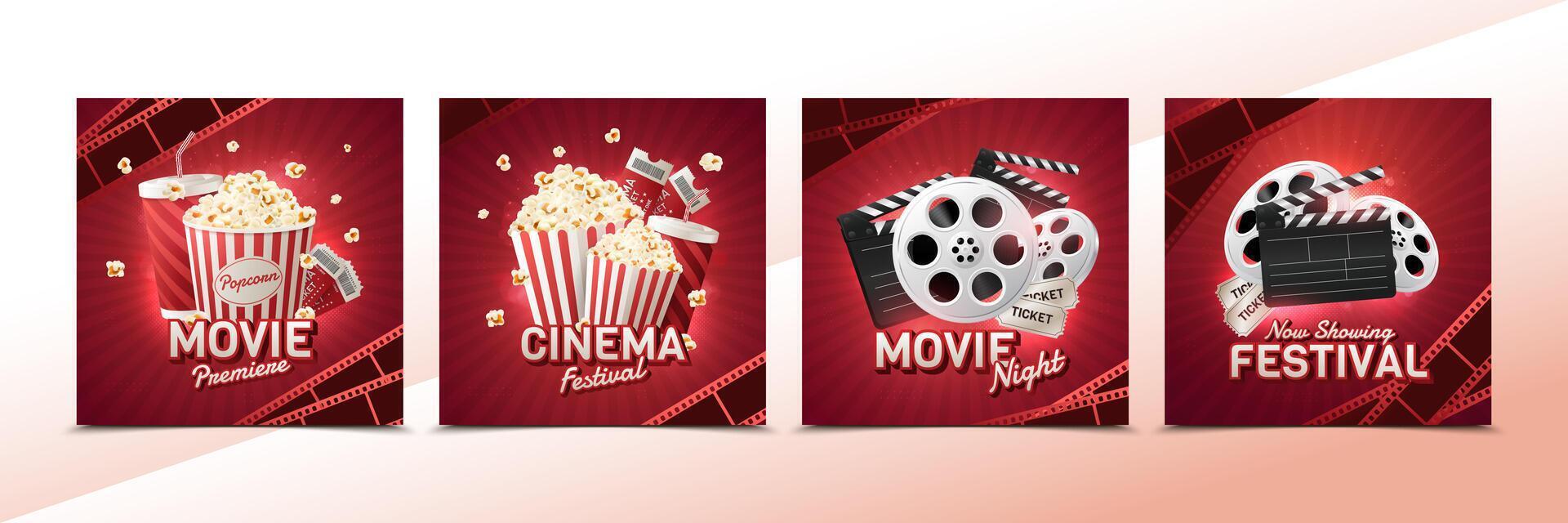 Cinema square card set in realistic style vector