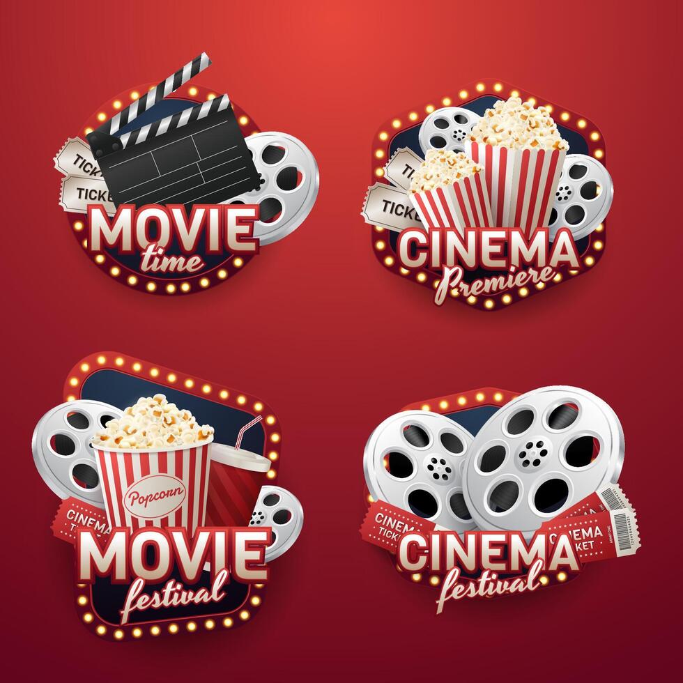 Collection of labels of cinema in realistic style vector