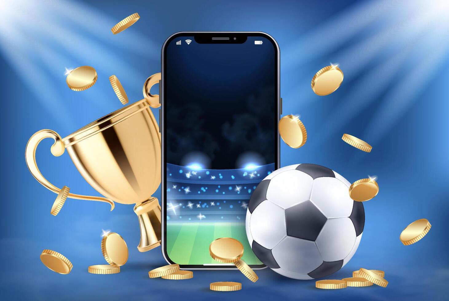 Smartphone with soccer stadium, trophy, and coins vector