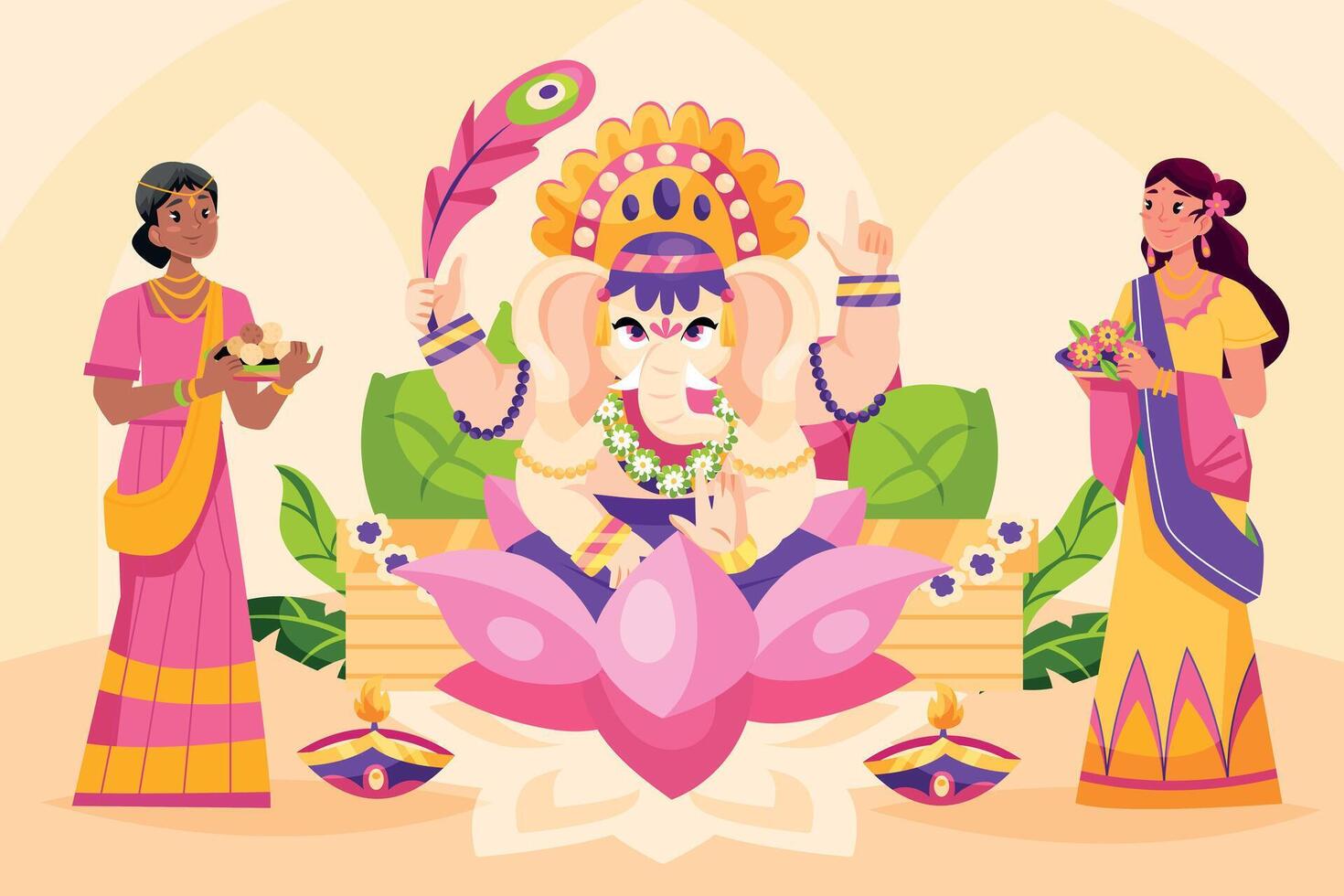Lord Ganesha worship illustration with women in traditional attire vector