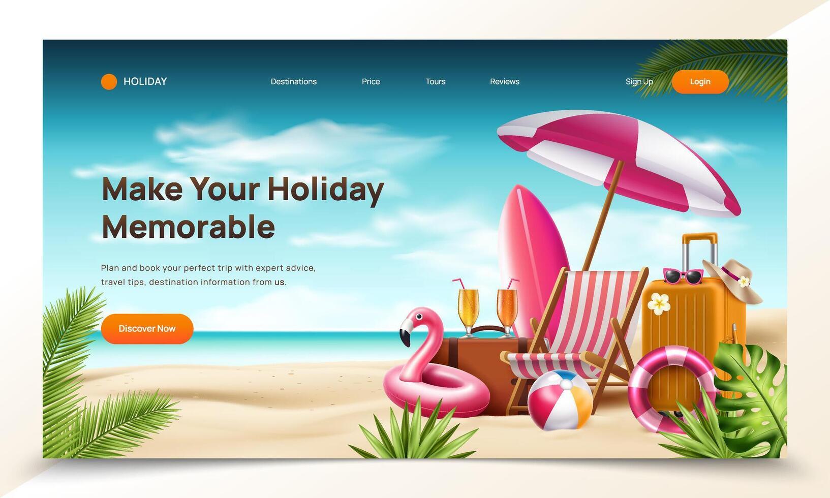 Holiday-themed website landing page with beach scene vector