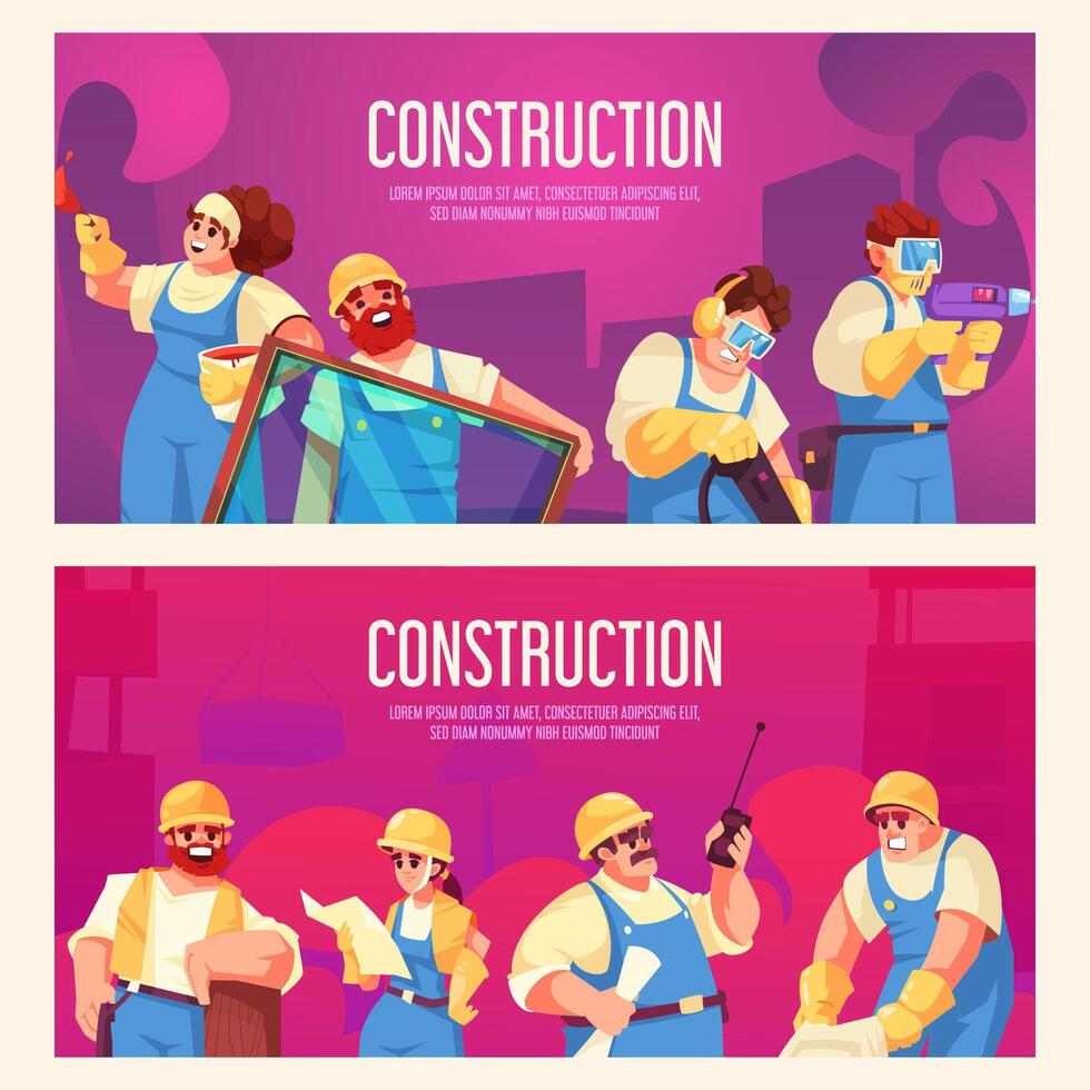 Construction workers banner template set in flat design vector