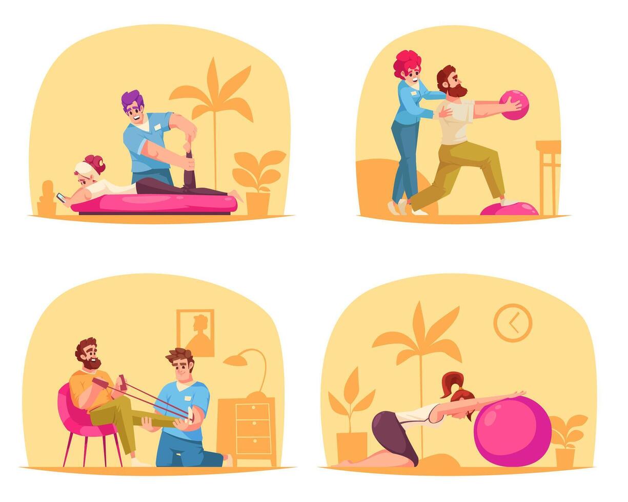 Hand drawn flat physiotherapy mini compositions vector