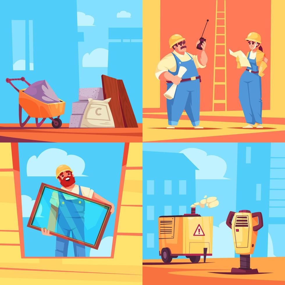 Construction workers composition set in flat design vector