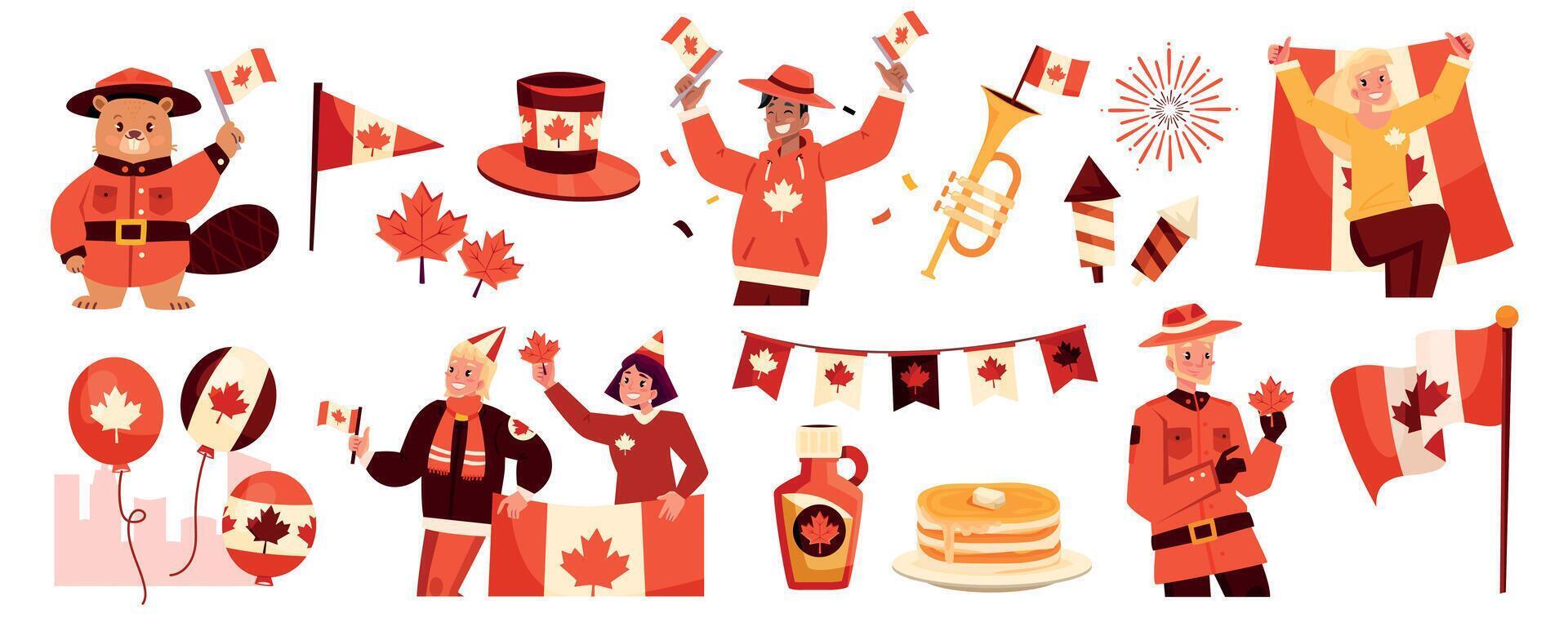 Hand drawn flat Canada day set vector