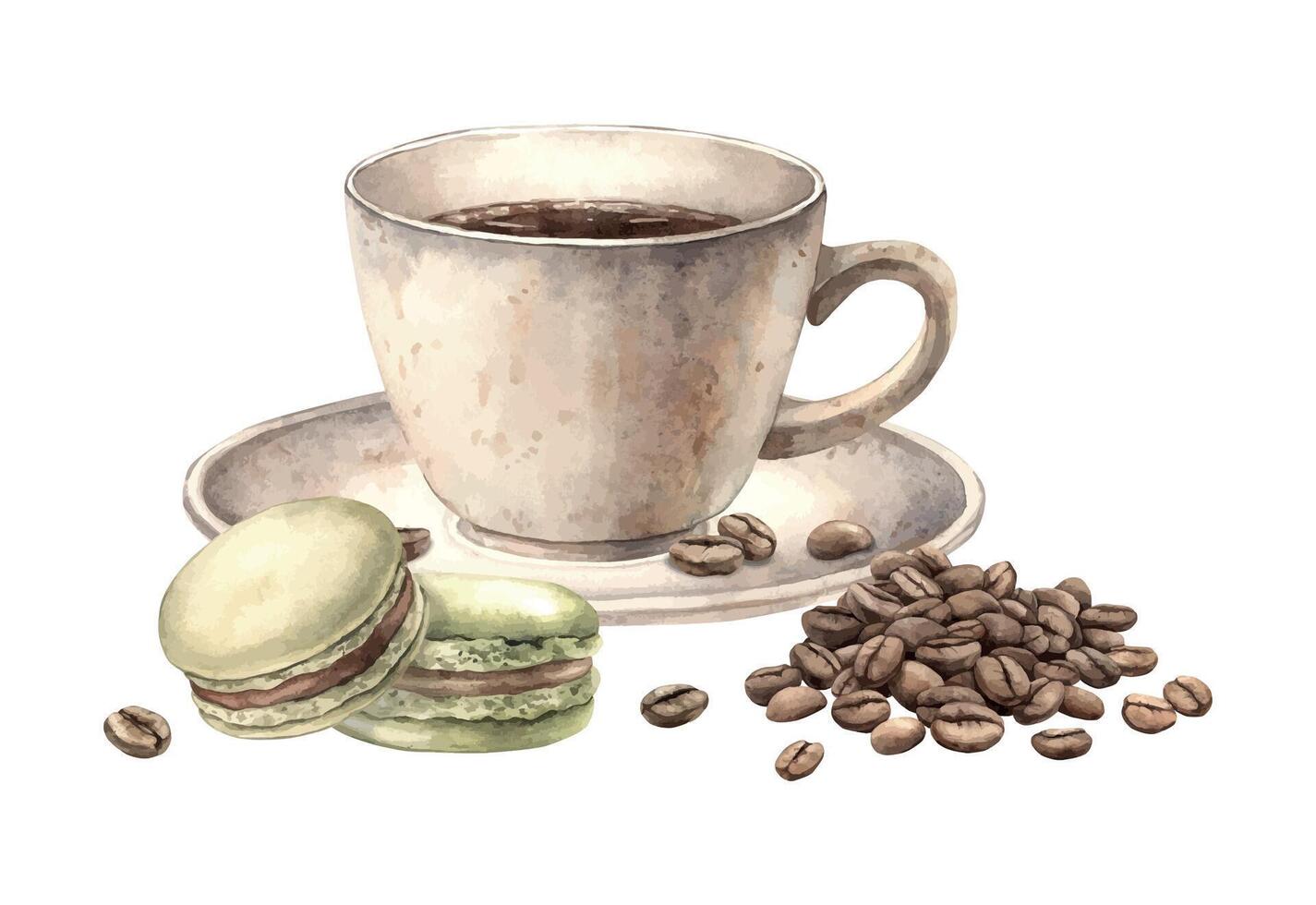 Ceramic cup with aromatic coffee, pistachio macaroons and roasted beans. Watercolor realistic composition on an isolated background on a coffee theme, for the design of shops, cafes, banner, postcard vector