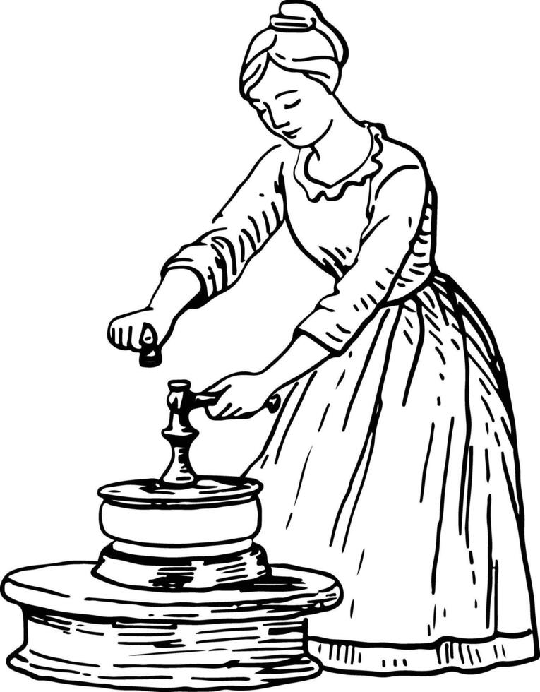 Woman Churning Butter with Ordinary Plunger vector