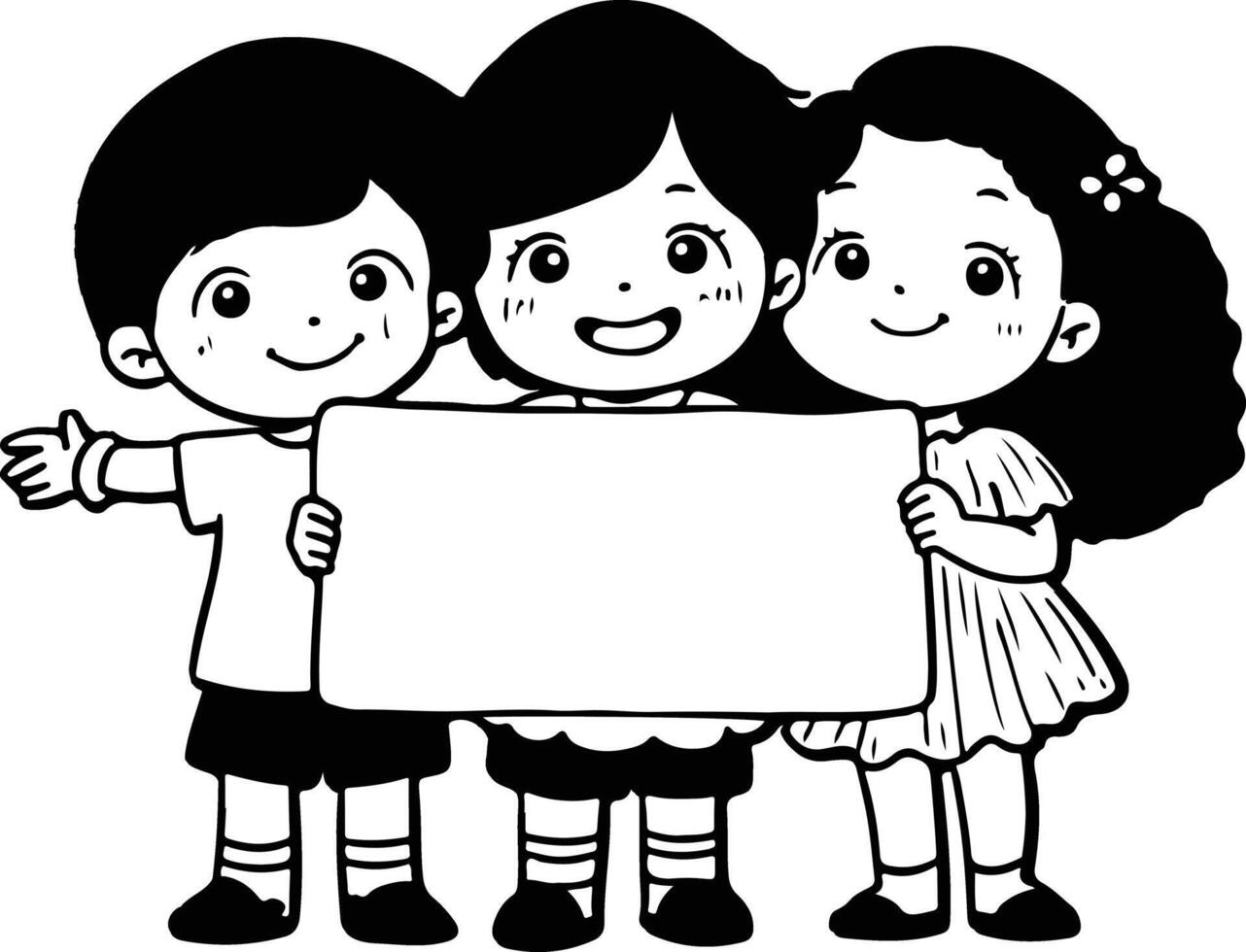 Three children holding a blank sign coloring page vector