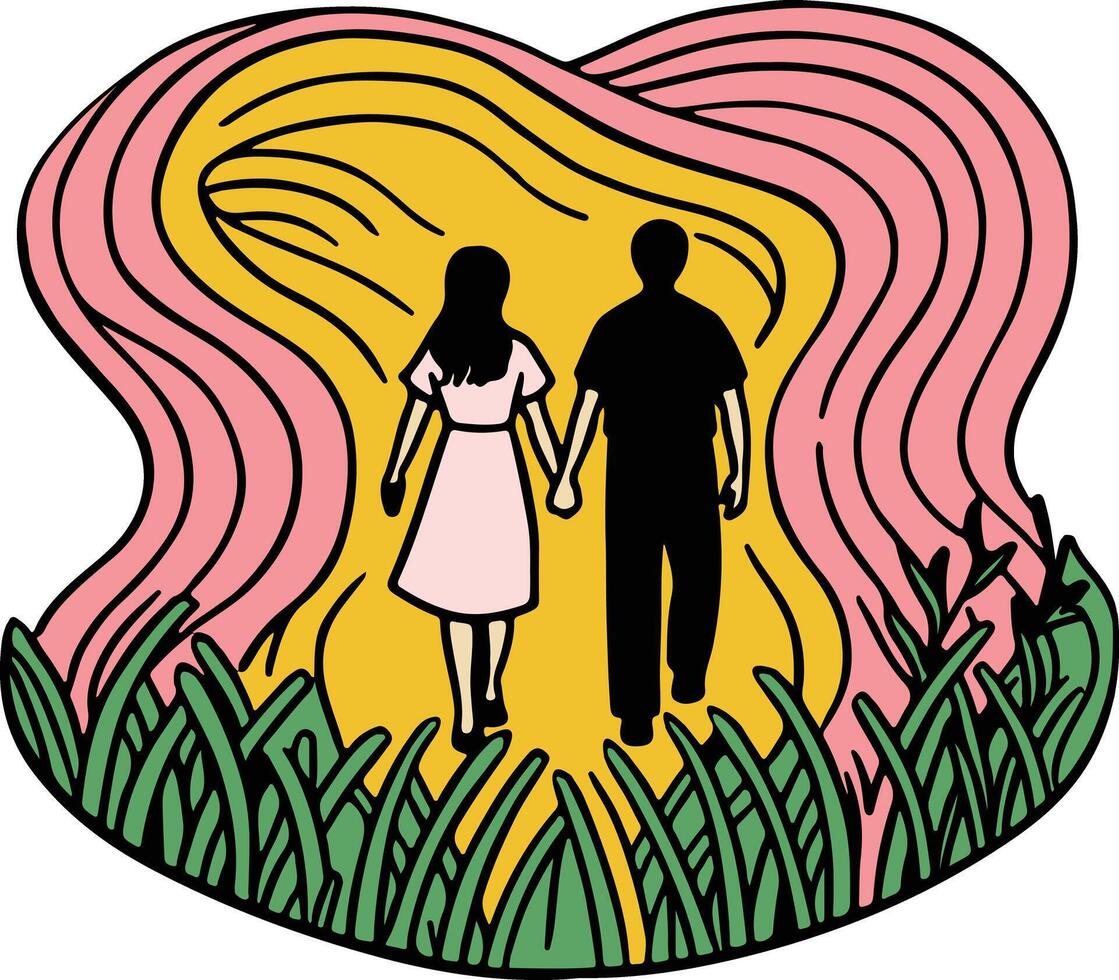 A couple walking in the grass holding hands vector