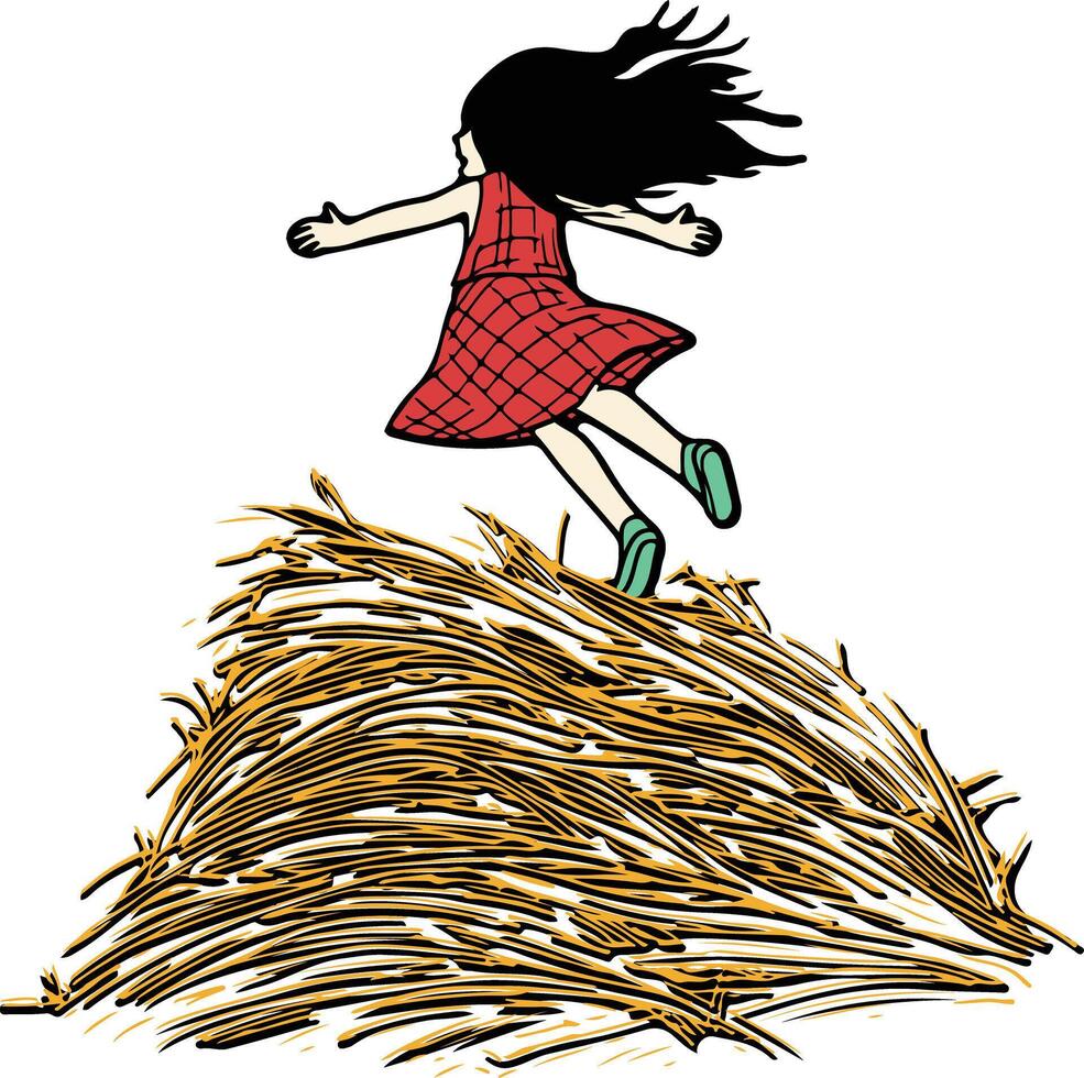 A girl jumping on top of a pile of hay vector