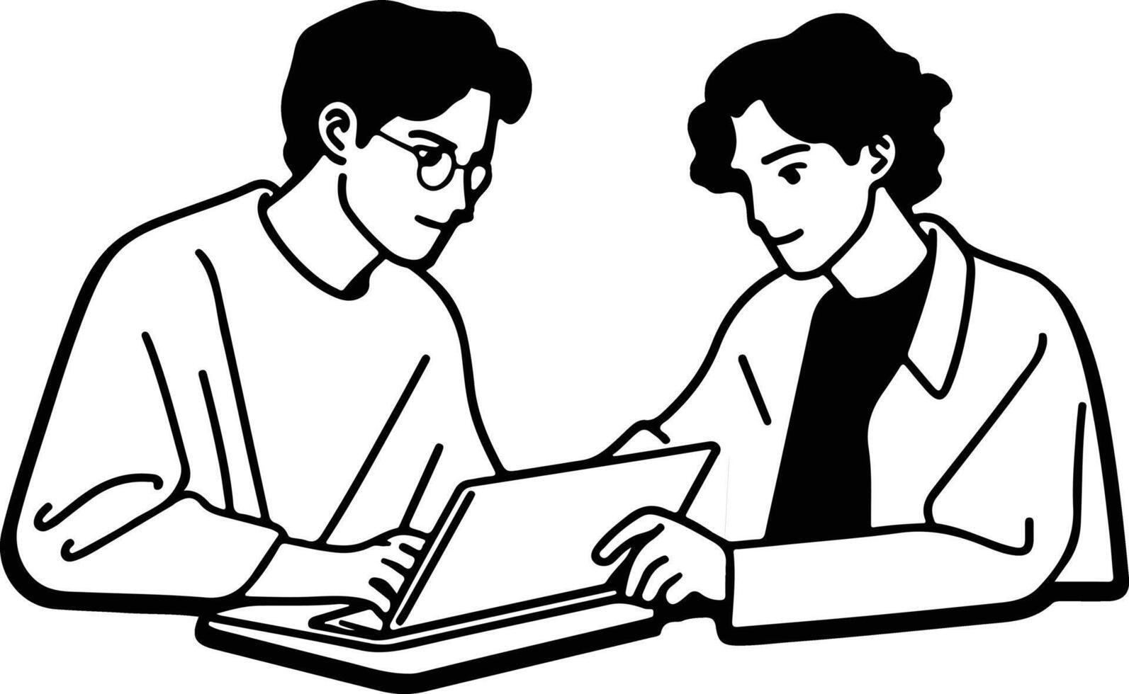 Two people are working on a laptop in a black and white clipart vector