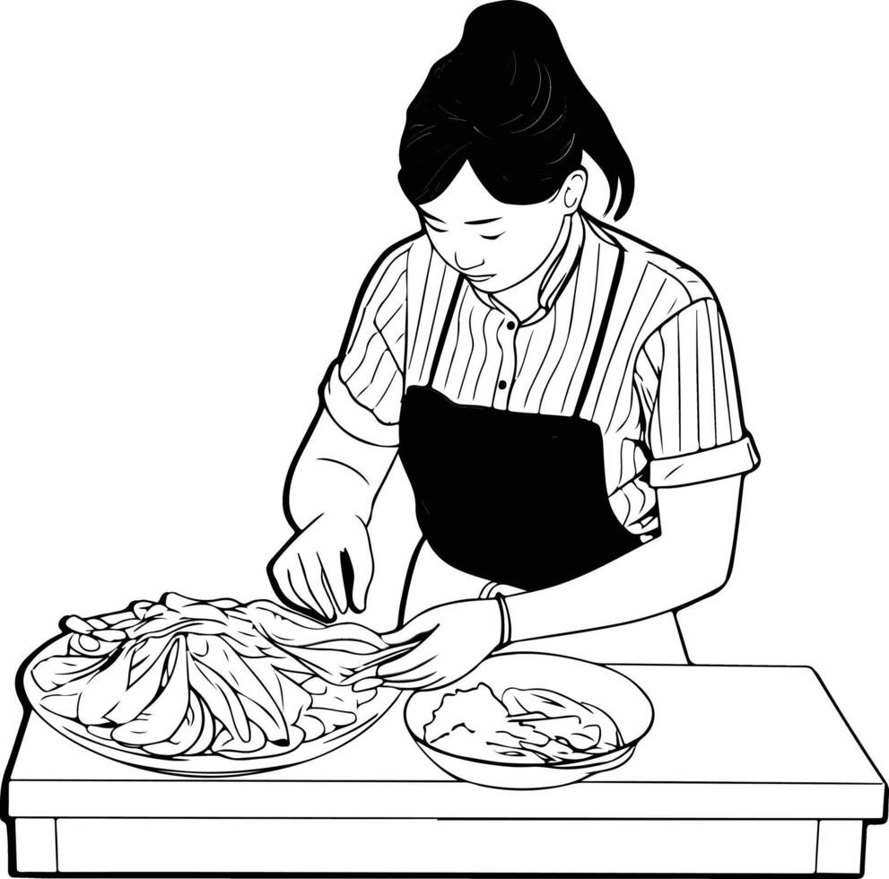A woman in apron preparing food for a meal vector