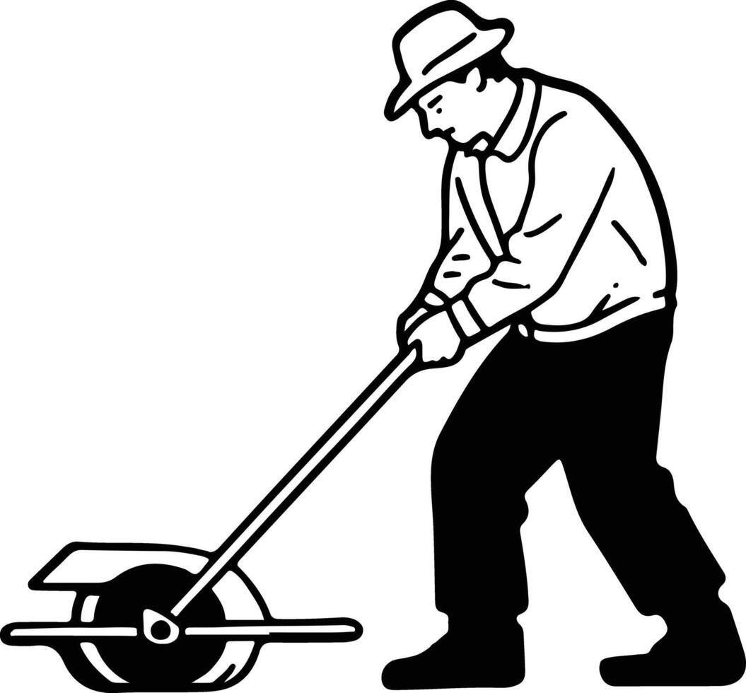 A man using a wheelbarrow to move dirt vector