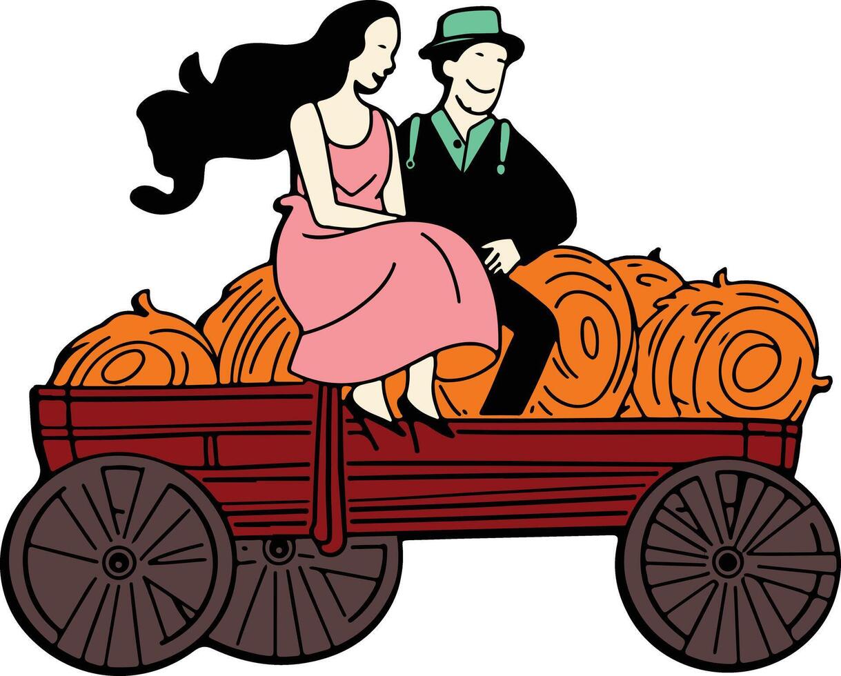 A cartoon couple riding in a wagon with pumpkins vector