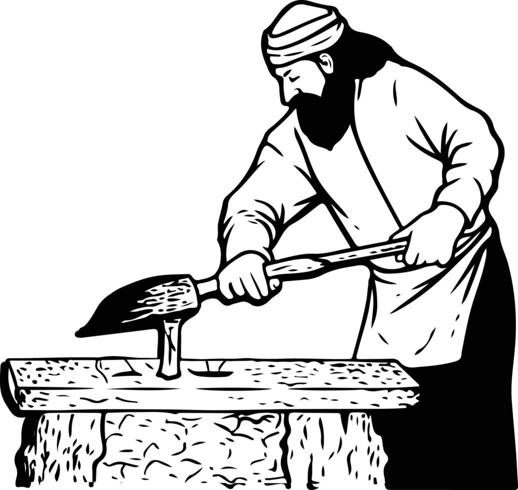 A black and white illustration of a man working on a piece of wood vector
