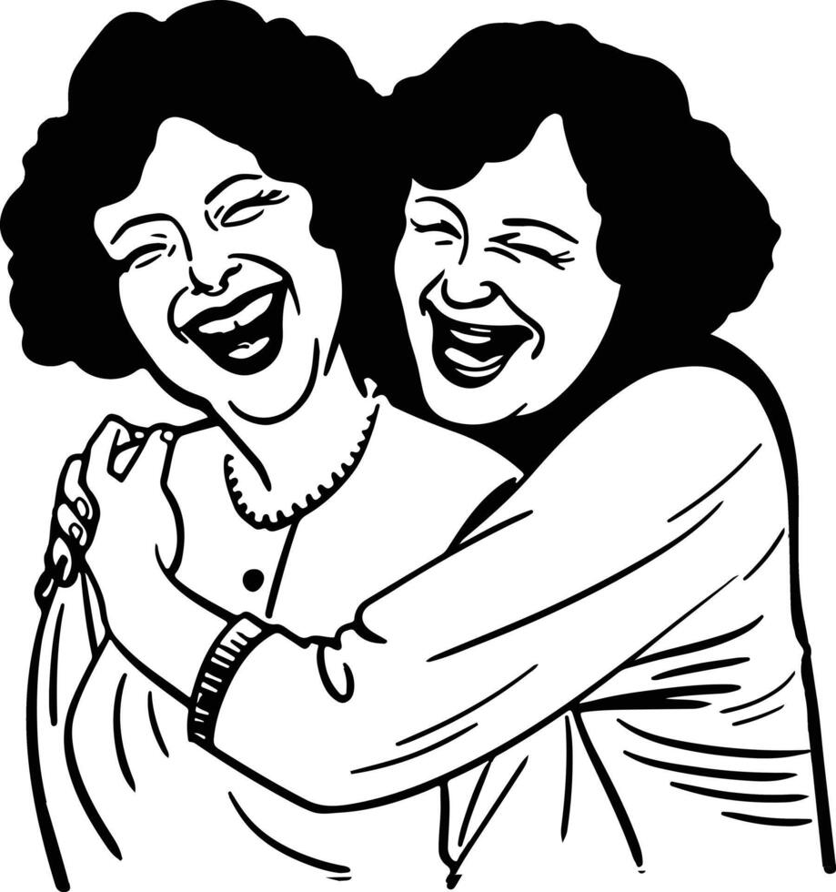 Two women hugging and laughing clip art vector