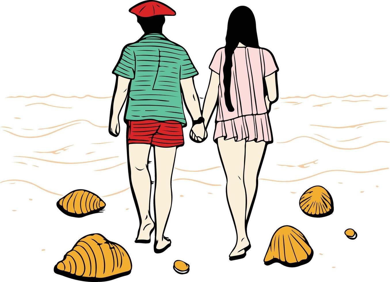 A couple walking on the beach holding hands vector