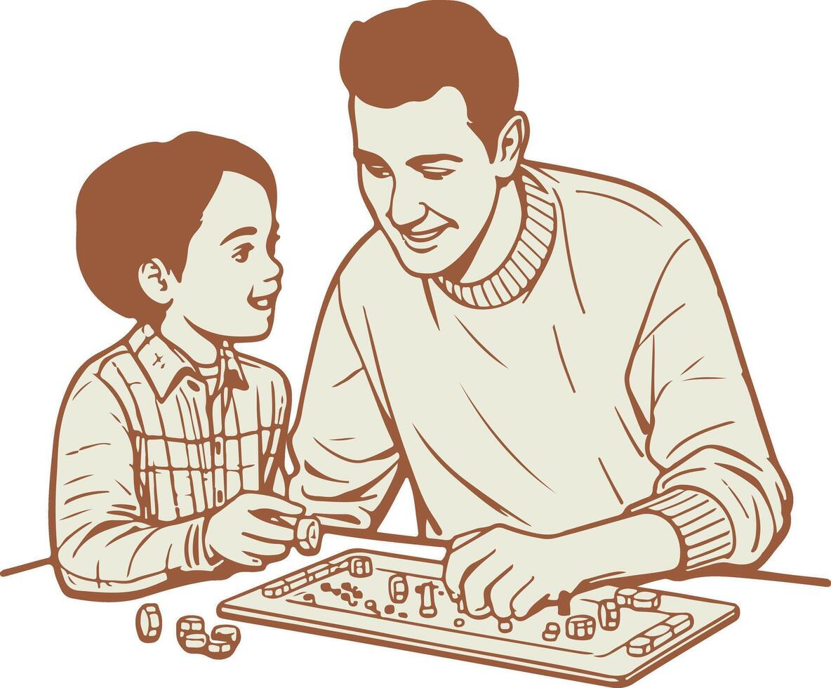 A man and a boy playing a board game vector