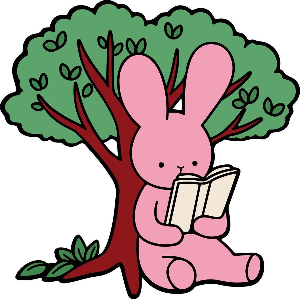 A pink bunny is reading a book under a tree vector
