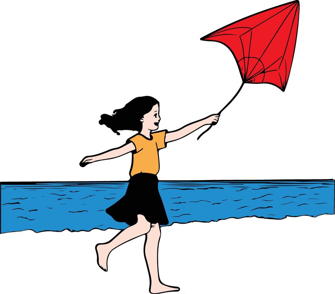 A girl flying a kite on the beach vector